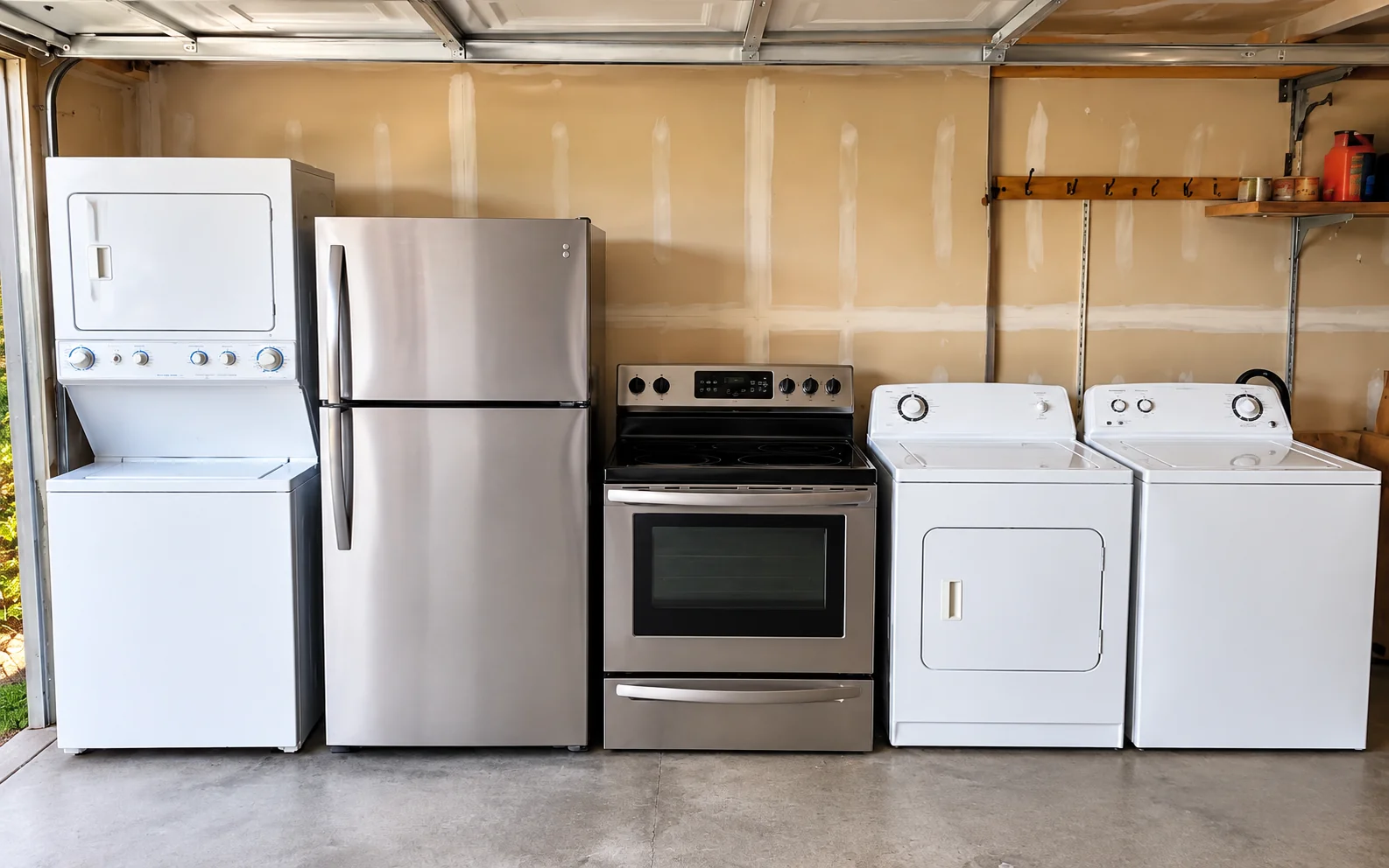 Five major household appliances together in a garage: washer, dryer, refrigerator and smooth-top stove, from our appliance photo collection