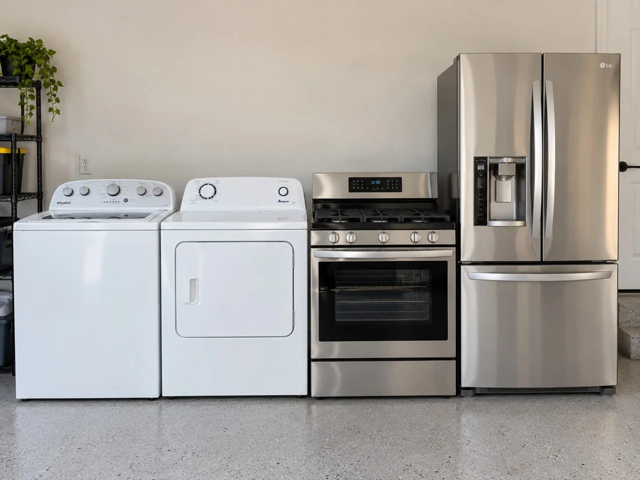 Group of major household appliances including a washer, dryer, stove and refrigerator