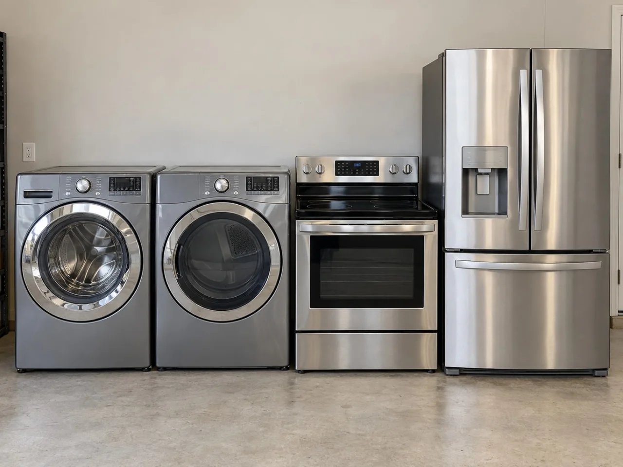 Washer, dryer, smooth-top electric range and refrigerator pictured together for Washington appliance pickup review